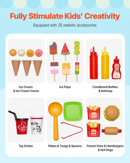 Ice Cream Cart for Kids, 20+ PCS Ice Cream Truck Wooden Playset, Pretend Play Stand with Steering Wheel & Chalkboard, Payment Scanner & Freezer, Faucet & Sink, Suitable for Kids 3-7 Years Old