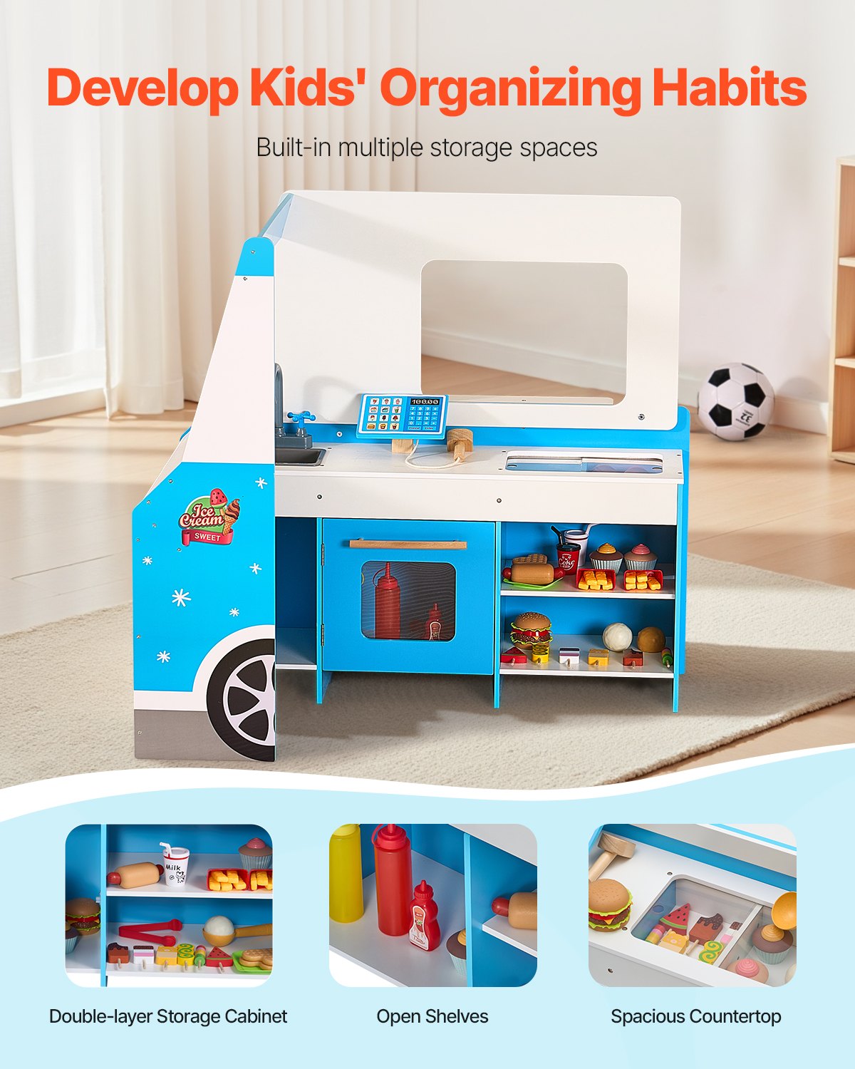 Ice Cream Cart for Kids, 20+ PCS Ice Cream Truck Wooden Playset, Pretend Play Stand with Steering Wheel & Chalkboard, Payment Scanner & Freezer, Faucet & Sink, Suitable for Kids 3-7 Years Old