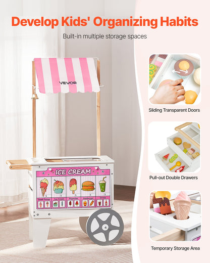 Glassvagn för barn, 20+ delar tillbehör, låtsaslek, glassbutik, köksmatleksaker med glasstrut och isglass, markis och frys, förvaringslådor och vändbara menyer, för barn i åldrarna 3-7