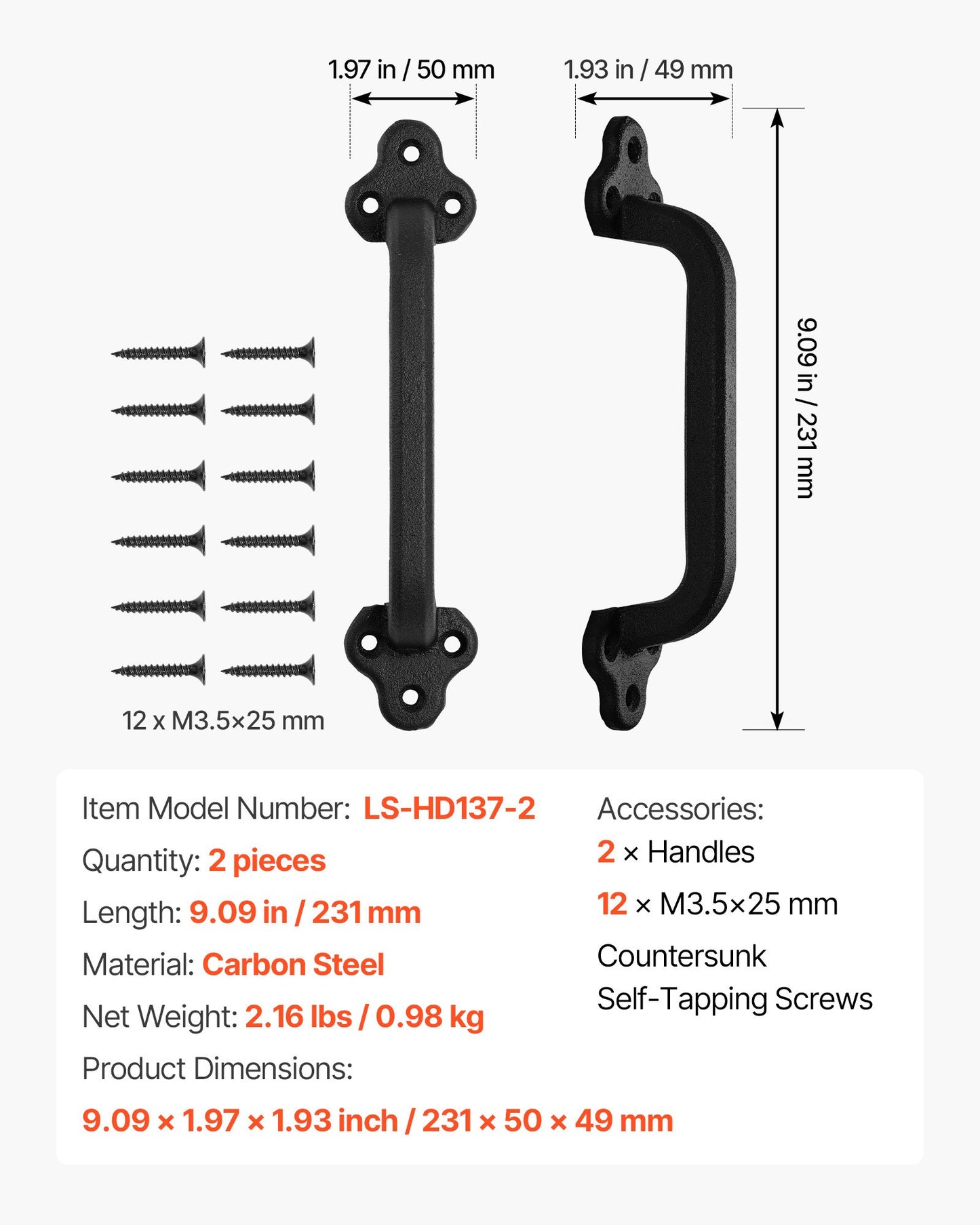 Barn Door Handle, 2Pcs 231 mm Rustic Fence Gate Handle, Rust-Resistant Coating, Heavy Duty Carbon Steel Outdoor Gate Handles, Easy to Install, Metal Sliding Door Pulls for Garage Shed Closet