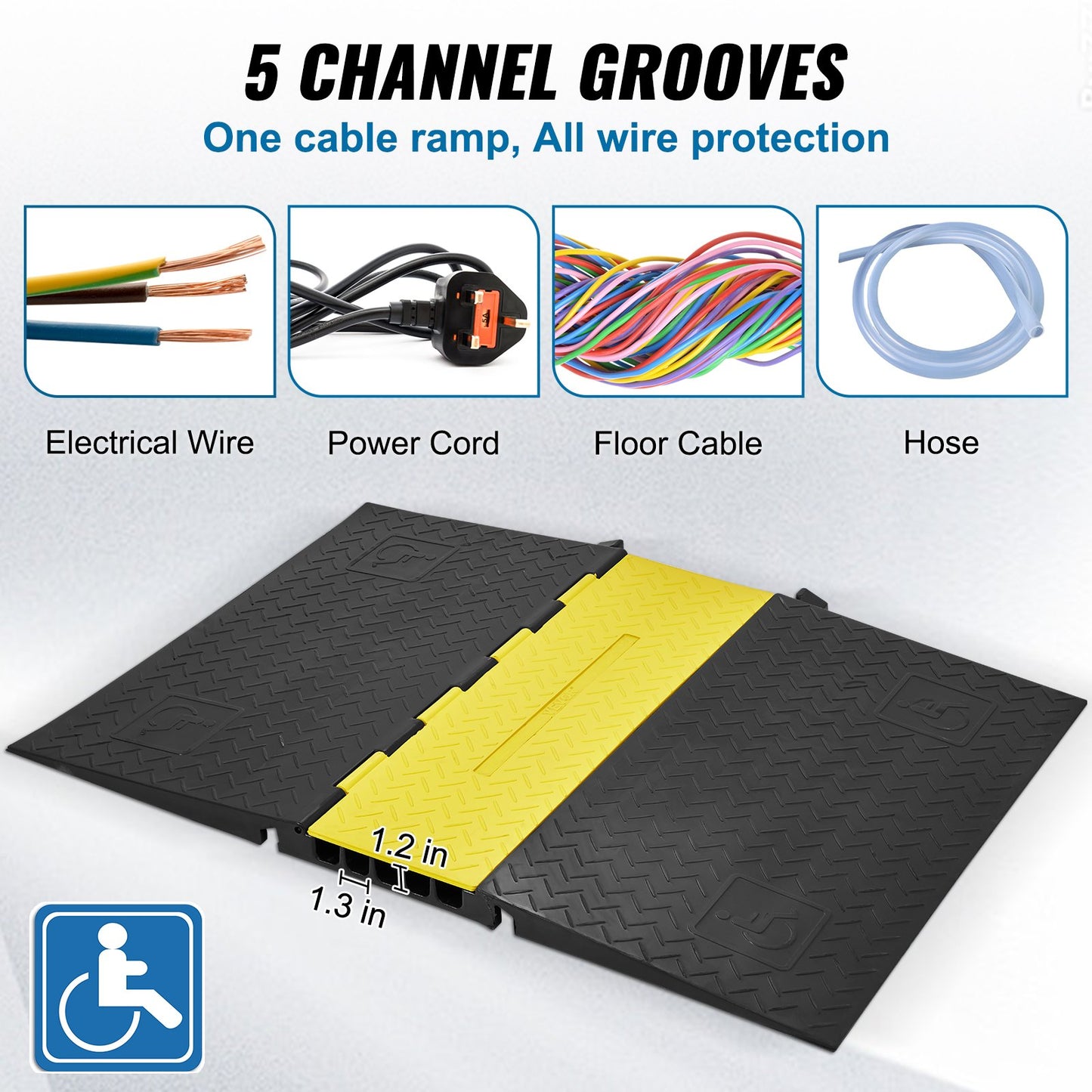 Rubber Cable Protector Ramp 114.5x80x5 cm, 5-Channel 10t Capacity Heavy Duty Wire Cover Ramp Hose Cord Ramp Driveway, Traffic Speed Bump with Flip-Open Cover for Indoor & Outdoor