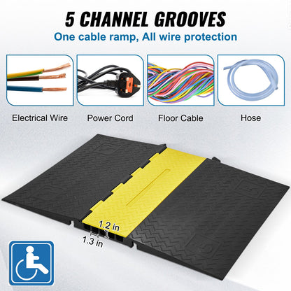 Rubber Cable Protector Ramp 114.5x80x5 cm, 5-Channel 10t Capacity Heavy Duty Wire Cover Ramp Hose Cord Ramp Driveway, Traffic Speed Bump with Flip-Open Cover for Indoor & Outdoor
