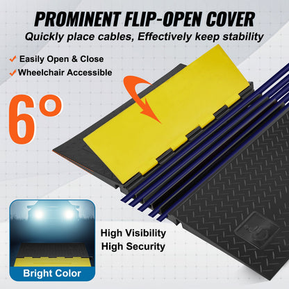 Rubber Cable Protector Ramp 114.5x80x5 cm, 5-Channel 10t Capacity Heavy Duty Wire Cover Ramp Hose Cord Ramp Driveway, Traffic Speed Bump with Flip-Open Cover for Indoor & Outdoor