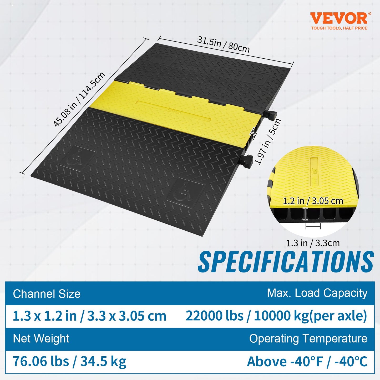 Rubber Cable Protector Ramp 114.5x80x5 cm, 5-Channel 10t Capacity Heavy Duty Wire Cover Ramp Hose Cord Ramp Driveway, Traffic Speed Bump with Flip-Open Cover for Indoor & Outdoor
