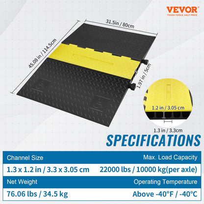 Rubber Cable Protector Ramp 114.5x80x5 cm, 5-Channel 10t Capacity Heavy Duty Wire Cover Ramp Hose Cord Ramp Driveway, Traffic Speed Bump with Flip-Open Cover for Indoor & Outdoor
