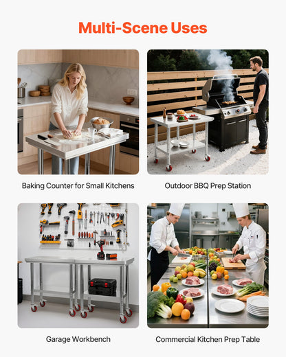 Stainless Steel Table, 60 x 76 cm Food Prep Worktable with Wheels, Kitchen Prep Table with Adjustable Undershelf Workstations for Commercial Kitchen, Restaurant, Hotel and Garage, Outdoor