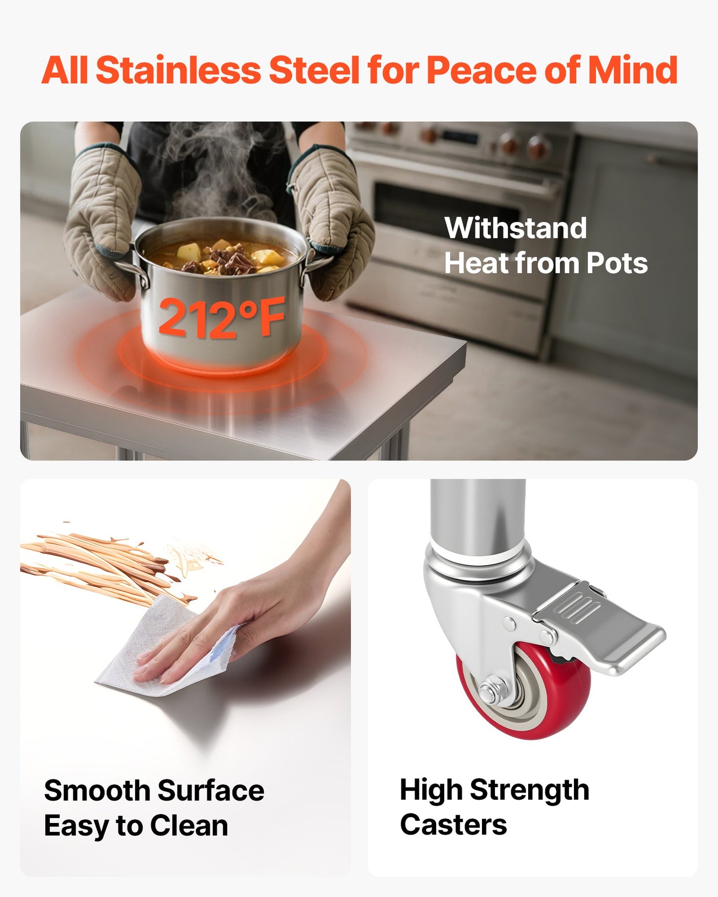 Bord i rostfritt stål, 61 x 45 cm arbetsbord för matlagning med hjul, köksbord med justerbara arbetsplatser under hyllplan för storkök, restaurang, hotell och garage, utomhus