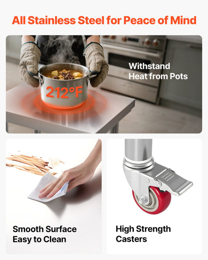 Bord i rostfritt stål, 61 x 45 cm arbetsbord för matlagning med hjul, köksbord med justerbara arbetsplatser under hyllplan för storkök, restaurang, hotell och garage, utomhus