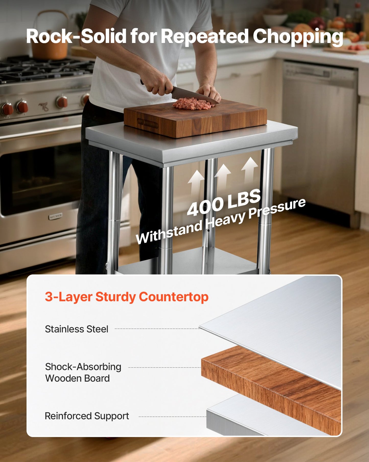 Bord i rostfritt stål, 61 x 45 cm arbetsbord för matlagning med hjul, köksbord med justerbara arbetsplatser under hyllplan för storkök, restaurang, hotell och garage, utomhus