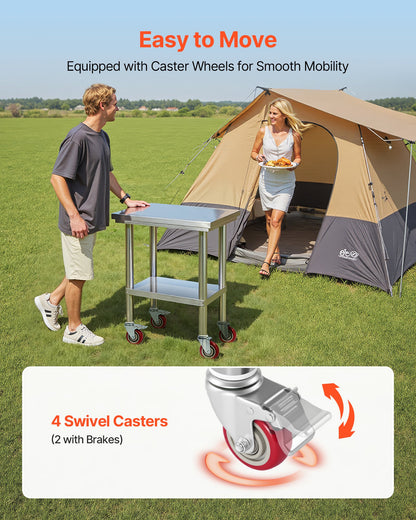 Bord i rostfritt stål, 61 x 45 cm arbetsbord för matlagning med hjul, köksbord med justerbara arbetsplatser under hyllplan för storkök, restaurang, hotell och garage, utomhus