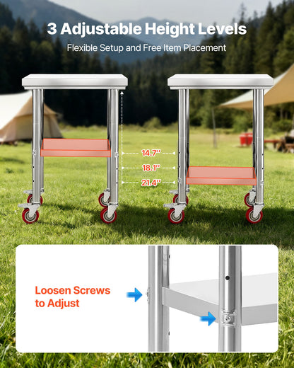 Bord i rostfritt stål, 61 x 45 cm arbetsbord för matlagning med hjul, köksbord med justerbara arbetsplatser under hyllplan för storkök, restaurang, hotell och garage, utomhus
