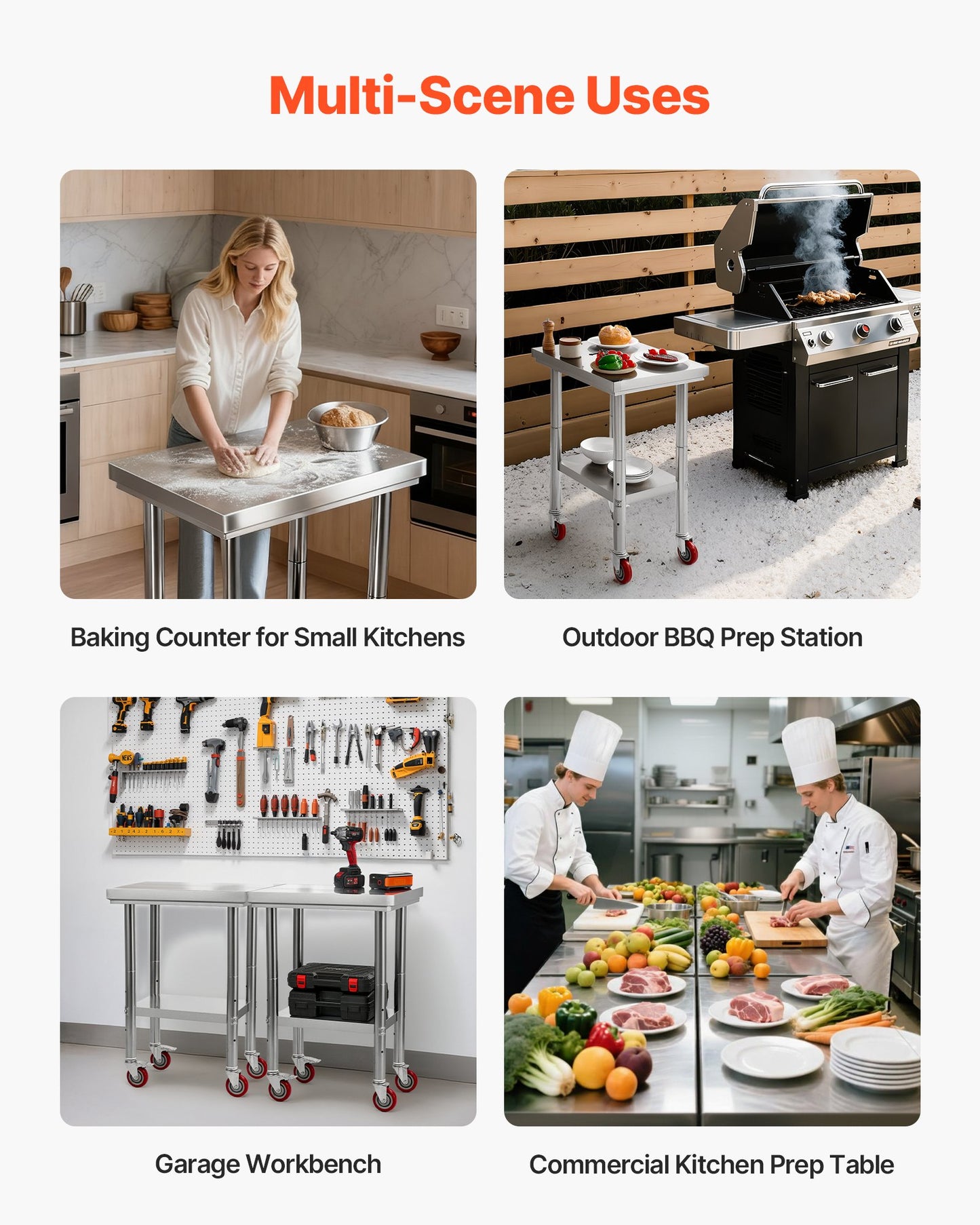 Bord i rostfritt stål, 61 x 45 cm arbetsbord för matlagning med hjul, köksbord med justerbara arbetsplatser under hyllplan för storkök, restaurang, hotell och garage, utomhus