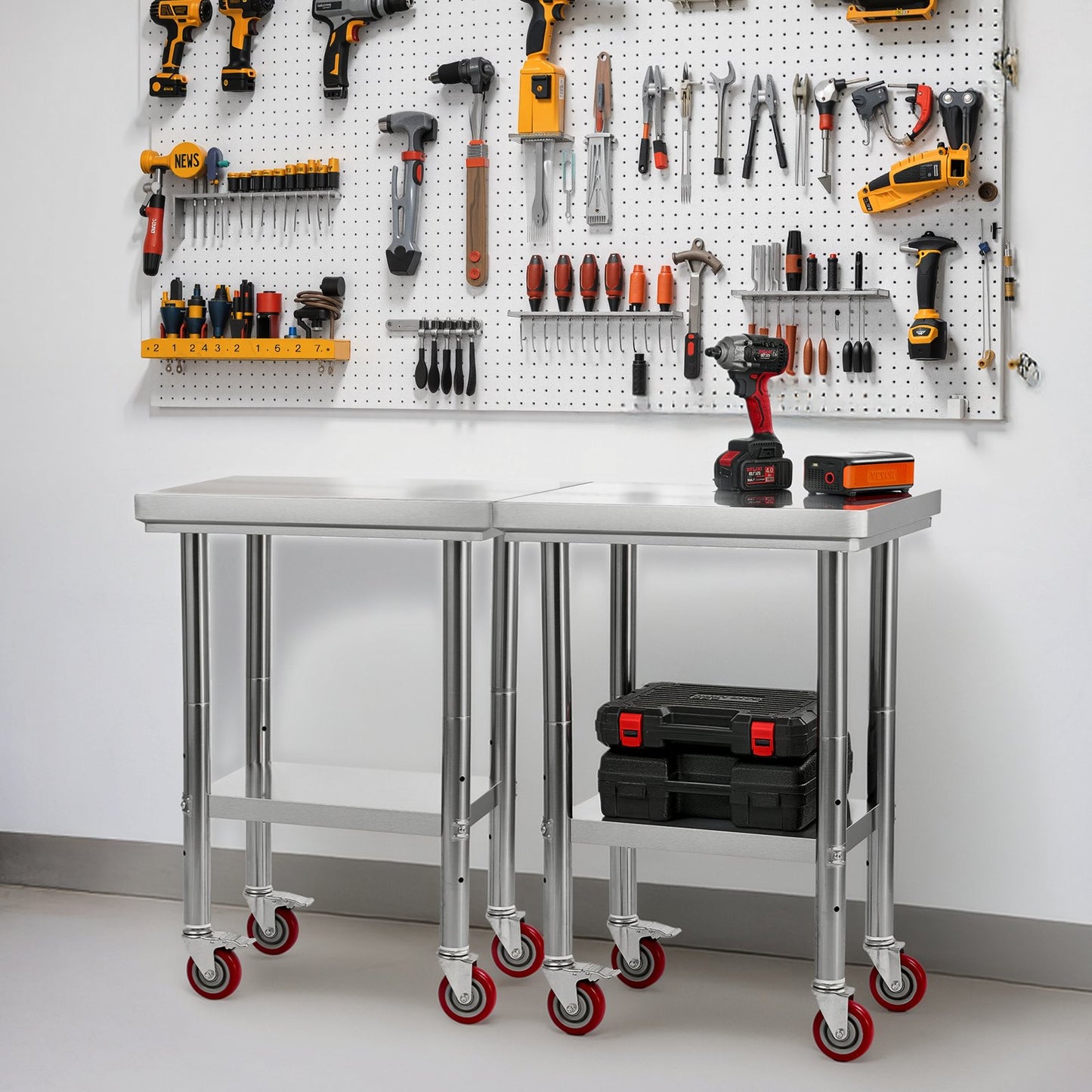 Bord i rostfritt stål, 61 x 45 cm arbetsbord för matlagning med hjul, köksbord med justerbara arbetsplatser under hyllplan för storkök, restaurang, hotell och garage, utomhus