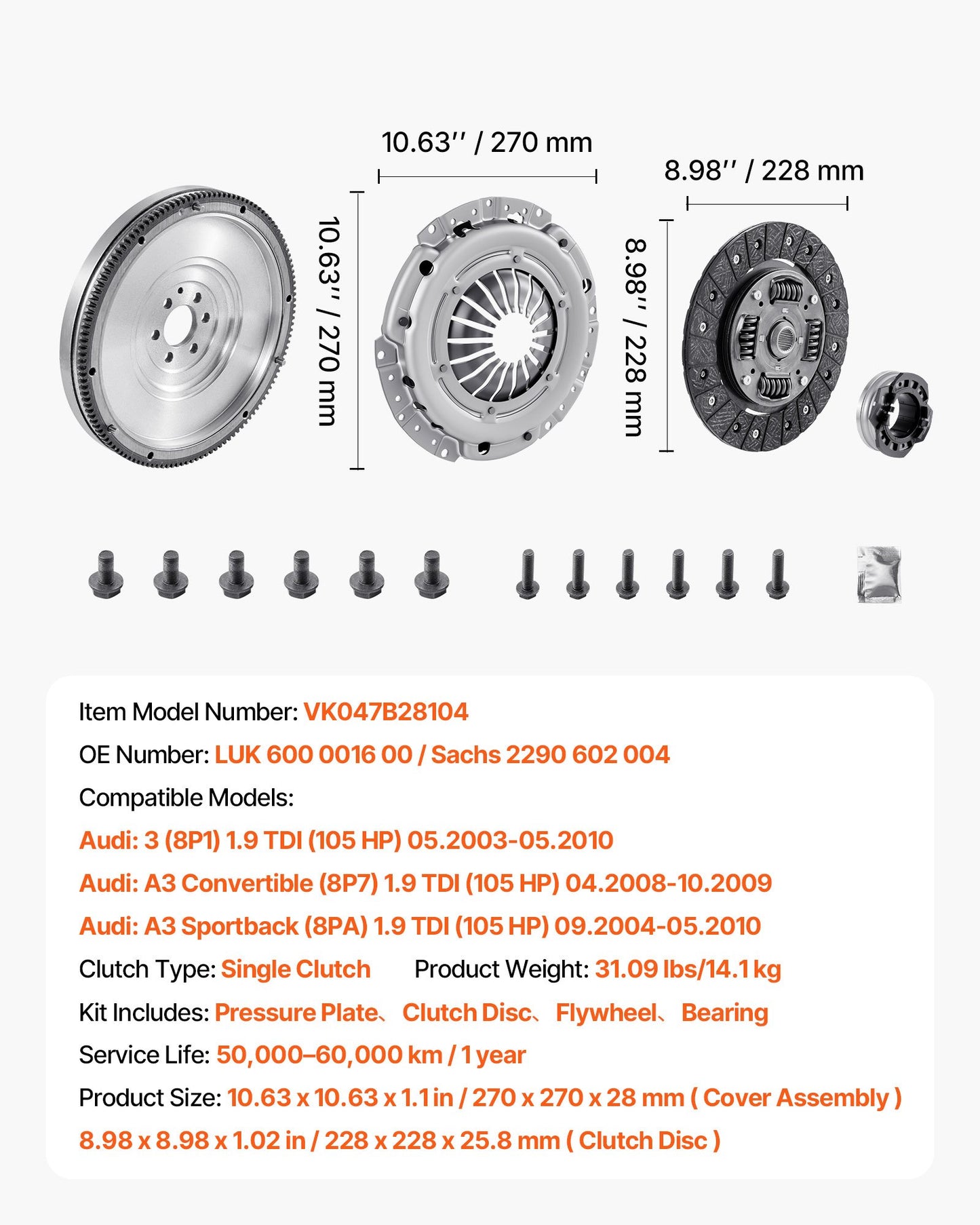 Clutch Kit with Flywheel, Heavy Duty OEM Clutch Kit, OEM Replacement Transmission Clutch Kit Compatible with 2003-2010 Audi A3 (8P1), 2008-2009 A3 Convertible (8P7), 2004-2010 A3 Sportback (8PA)