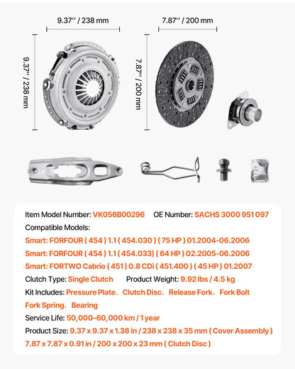 Clutch Kit with Pressure Plate, Heavy Duty OEM Clutch Kit, OEM Replacement Transmission Clutch Kit Compatible with 2004-2006 Smart FORFOUR (75 HP), 2005-2006 FORFOUR (64 HP), 2007 FORTWO Cabrio