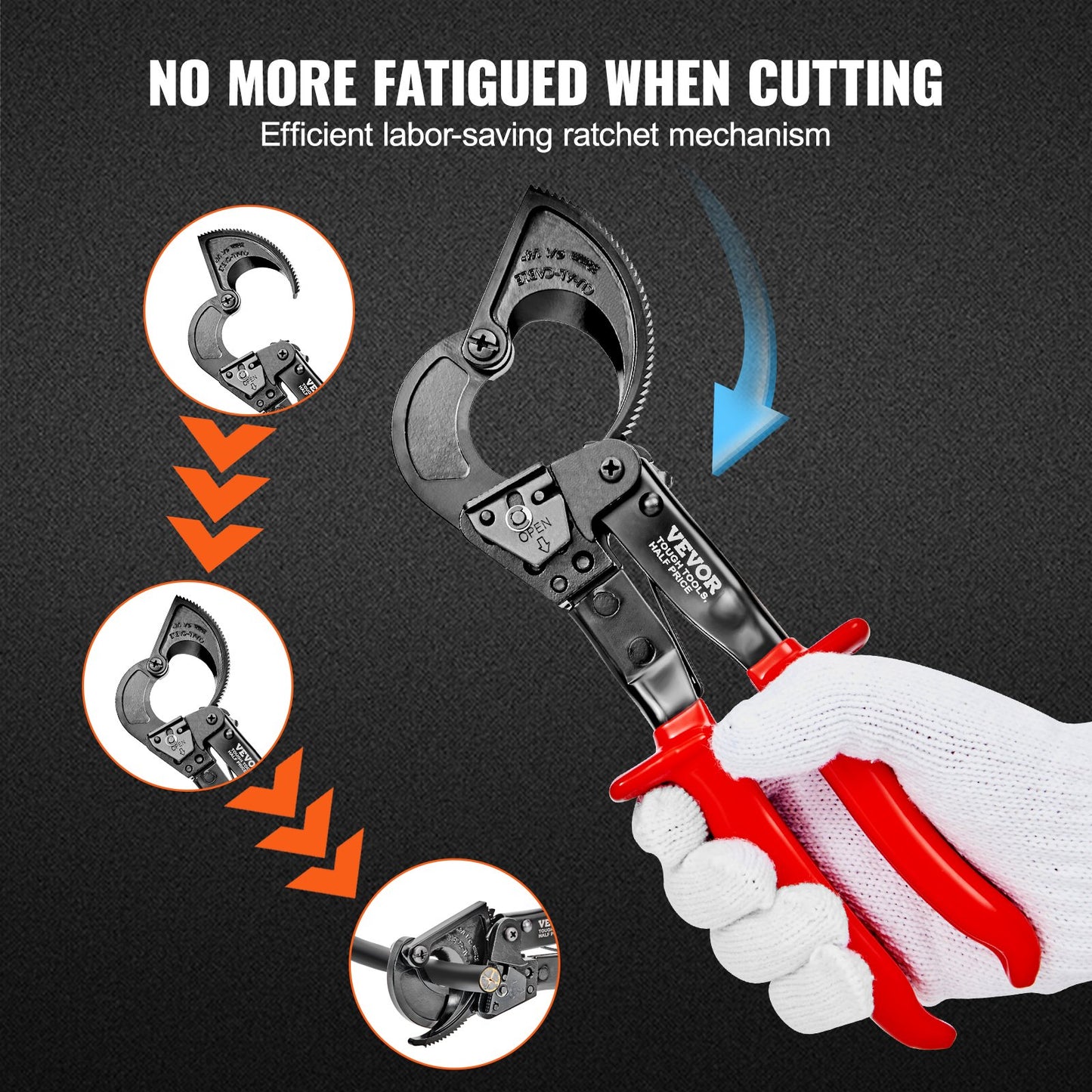 Ratcheting Cable Cutter, 25.4 cm Ratchet Wire and Cable Cutter, Cut up to 240 mm², with Comfortable Grip Handles, Easy to Use Quick-Release Lever, Silicon-Manganese Spring Steel Blade