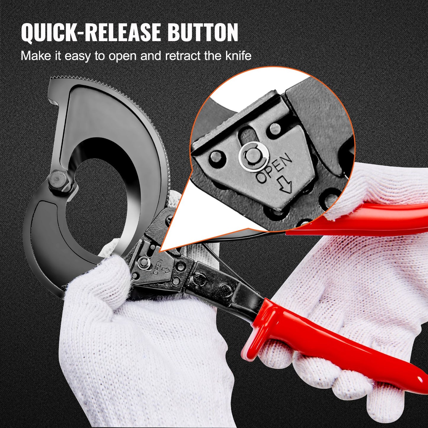 Ratcheting Cable Cutter, 11" Ratchet Wire and Cable Cutter, Cut up to 400 mm², with Comfortable Grip Handles, Easy to Use Quick-Release Lever, Silicon-Manganese Spring Steel Blade