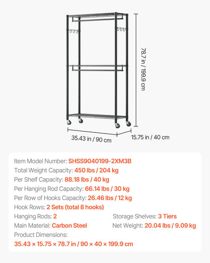 Rolling Clothes Rack, Heavy Duty Clothing Garment Rack, 3 Adjustable Tiers Clothing Racks with Carbon Steel, 204 kg Load Capacity Closet Wardrobe for Bedroom, Clothing Store, Hallway