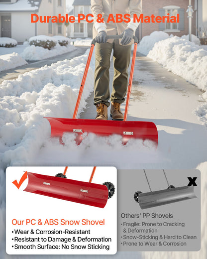 Snöskottare med hjul, 96 cm snöplogsskyffel med hjul, dubbelriktat vinklat blad och 90° justerbart handtag, slitstarka vinterskyfflar i plast, bärbart snöröjningsverktyg för uppfart