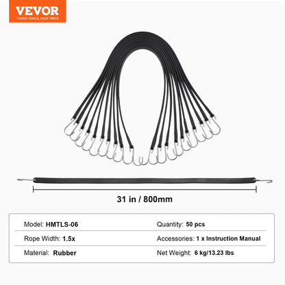 50 Piece Flat Bungee Cord, 19.8 mm Heavy Duty Bungee Straps with Steel S-Hooks, 31" Elastic Bungee Rope for Cargo, Tarps, Trucks and Tent, Black