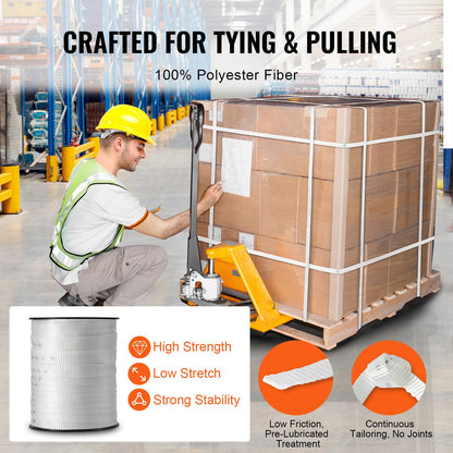 Polyester Pull Tape, 3/4" x 265' Mule Tape Flat Rope, 2500 lbf Tensile Capacity, Printed Webbing Cable Pulling Tape for Packaging, Gardening, Commercial Electrical, Conduit Work, White