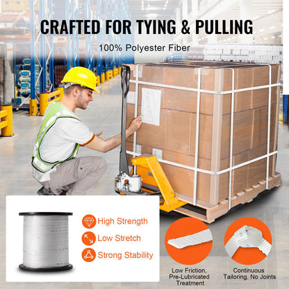 Polyester Pull Tape, 3/4" x 318' Mule Tape Flat Rope, 2500 lbf Tensile Capacity, Printed Webbing Cable Pulling Tape for Packaging, Gardening, Commercial Electrical, Conduit Work, White