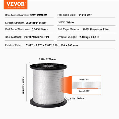 Polyester Pull Tape, 3/4" x 318' Mule Tape Flat Rope, 2500 lbf Tensile Capacity, Printed Webbing Cable Pulling Tape for Packaging, Gardening, Commercial Electrical, Conduit Work, White