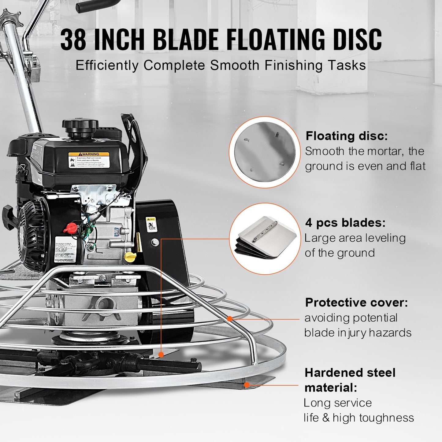 Power Trowel, 38” Walk-Behind Cement Trowel with Float Pan, 6HP Gas-Powered Smooth Concrete Surface Finisher, Heavy Duty Commercial Screed Concrete Cement with Finishing Blade, Orange