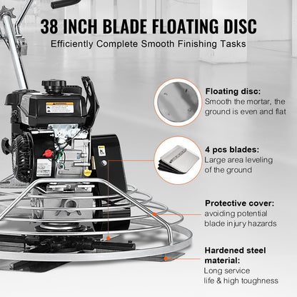 Power Trowel, 38” Walk-Behind Cement Trowel with Float Pan, 6HP Gas-Powered Smooth Concrete Surface Finisher, Heavy Duty Commercial Screed Concrete Cement with Finishing Blade, Orange