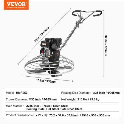 Power Trowel, 38” Walk-Behind Cement Trowel with Float Pan, 6HP Gas-Powered Smooth Concrete Surface Finisher, Heavy Duty Commercial Screed Concrete Cement with Finishing Blade, Orange