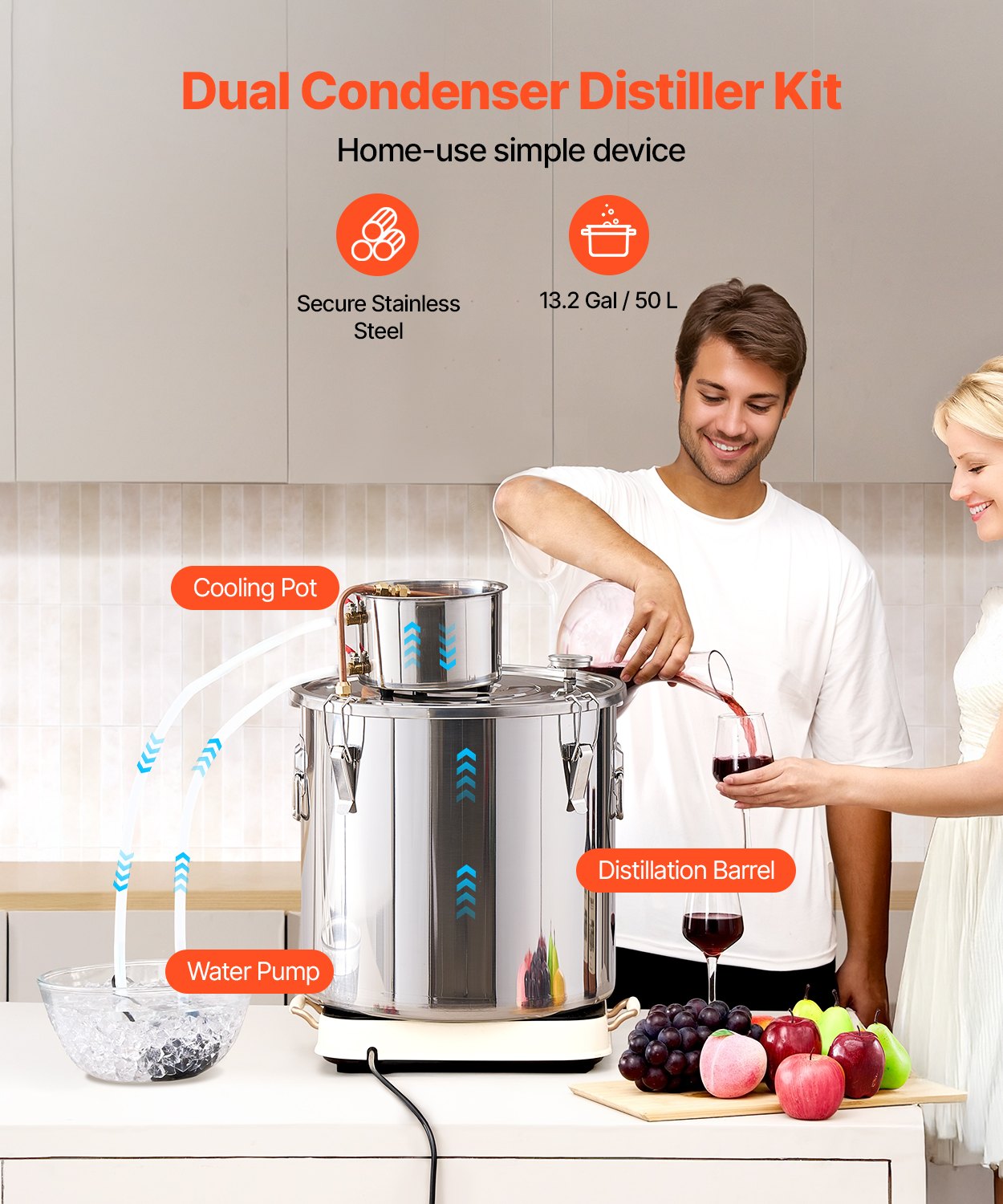 Alkoholdestillationsapparat, 13,2 gal / 50 l rostfritt stål vattenalkoholdestilleri med kopparspiral, hembryggningsraffinering och jäsningskit med termometer och pump, för vin, whisky, brandy, silver