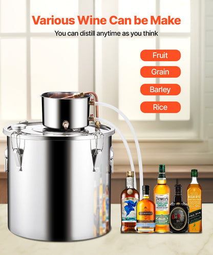 Alkoholdestillationsapparat, 13,2 gal / 50 l rostfritt stål vattenalkoholdestilleri med kopparspiral, hembryggningsraffinering och jäsningskit med termometer och pump, för vin, whisky, brandy, silver