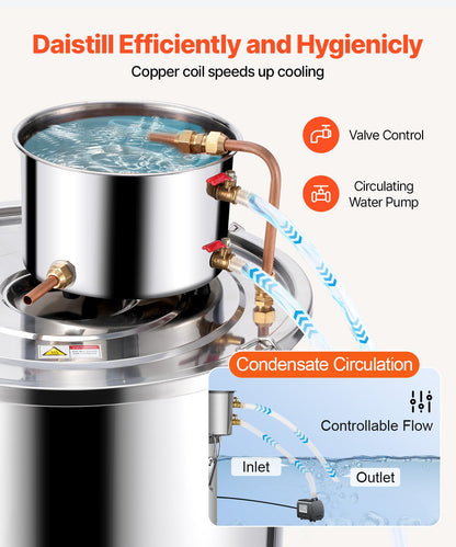 Alkoholdestillationsapparat, 13,2 gal / 50 l rostfritt stål vattenalkoholdestilleri med kopparspiral, hembryggningsraffinering och jäsningskit med termometer och pump, för vin, whisky, brandy, silver