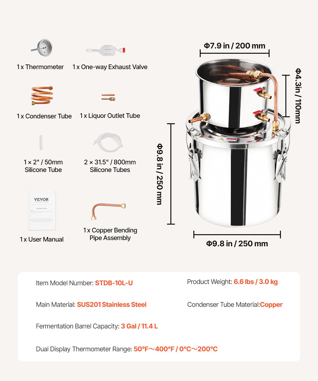 Alcohol Still, 3 Gal / 11.4 L Stainless Steel Water Alcohol Distiller with Copper Coil, Home Brewing Refining Fermentation Kit with Thermometer, for Wine Whisky Brandy, Silver
