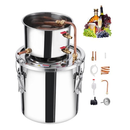 Alcohol Still, 3 Gal / 11.4 L Stainless Steel Water Alcohol Distiller with Copper Coil, Home Brewing Refining Fermentation Kit with Thermometer & Pump, for Wine Whisky Brandy, Silver