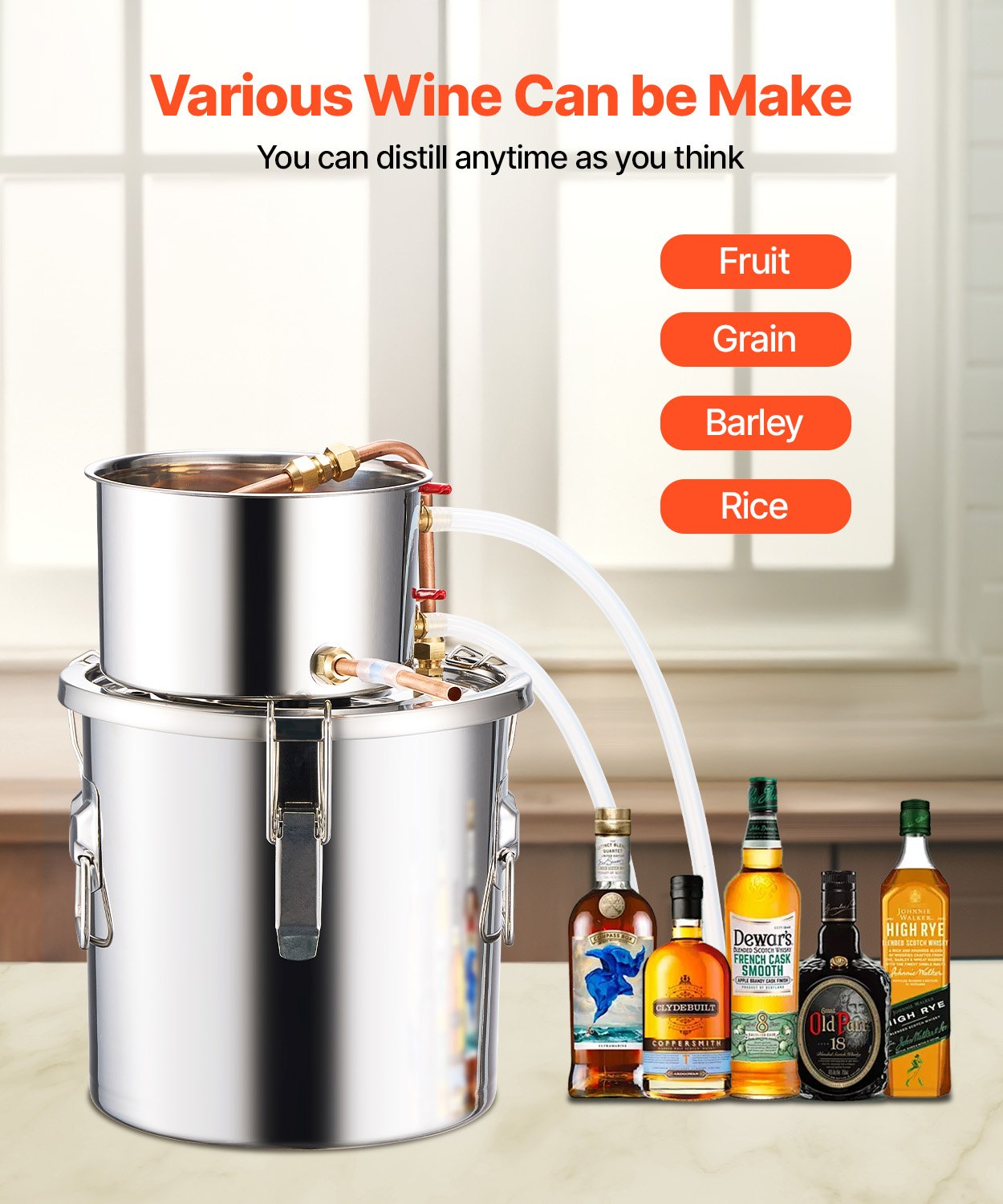 Alcohol Still, 3 Gal / 11.4 L Stainless Steel Water Alcohol Distiller with Copper Coil, Home Brewing Refining Fermentation Kit with Thermometer & Pump, for Wine Whisky Brandy, Silver