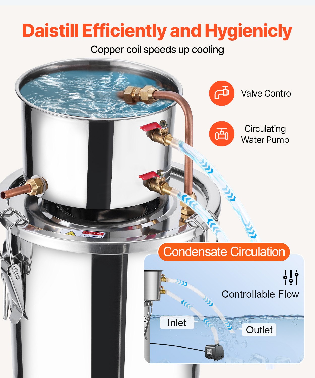 Alcohol Still, 3 Gal / 11.4 L Stainless Steel Water Alcohol Distiller with Copper Coil, Home Brewing Refining Fermentation Kit with Thermometer & Pump, for Wine Whisky Brandy, Silver
