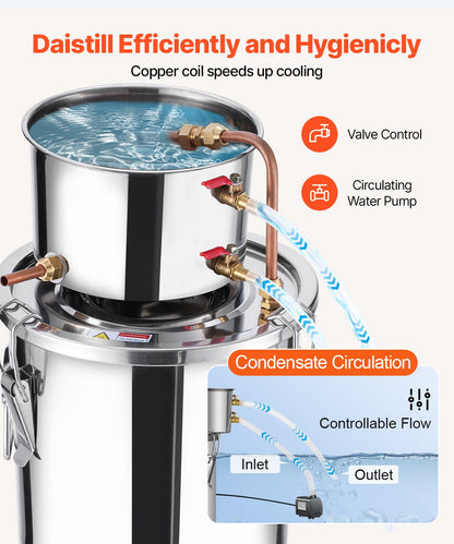 Alcohol Still, 3 Gal / 11.4 L Stainless Steel Water Alcohol Distiller with Copper Coil, Home Brewing Refining Fermentation Kit with Thermometer & Pump, for Wine Whisky Brandy, Silver