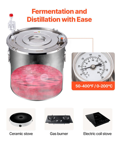 Alcohol Still, 5 Gal / 19 L Stainless Steel Water Alcohol Distiller with Copper Coil, Home Brewing Refining Fermentation Kit with Thermometer & Pump, for Wine Whisky Brandy, Silver