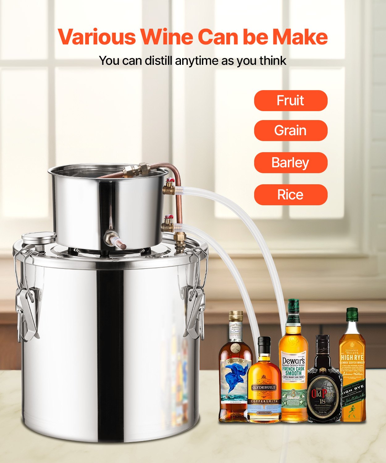 Alcohol Still, 5 Gal / 19 L Stainless Steel Water Alcohol Distiller with Copper Coil, Home Brewing Refining Fermentation Kit with Thermometer & Pump, for Wine Whisky Brandy, Silver