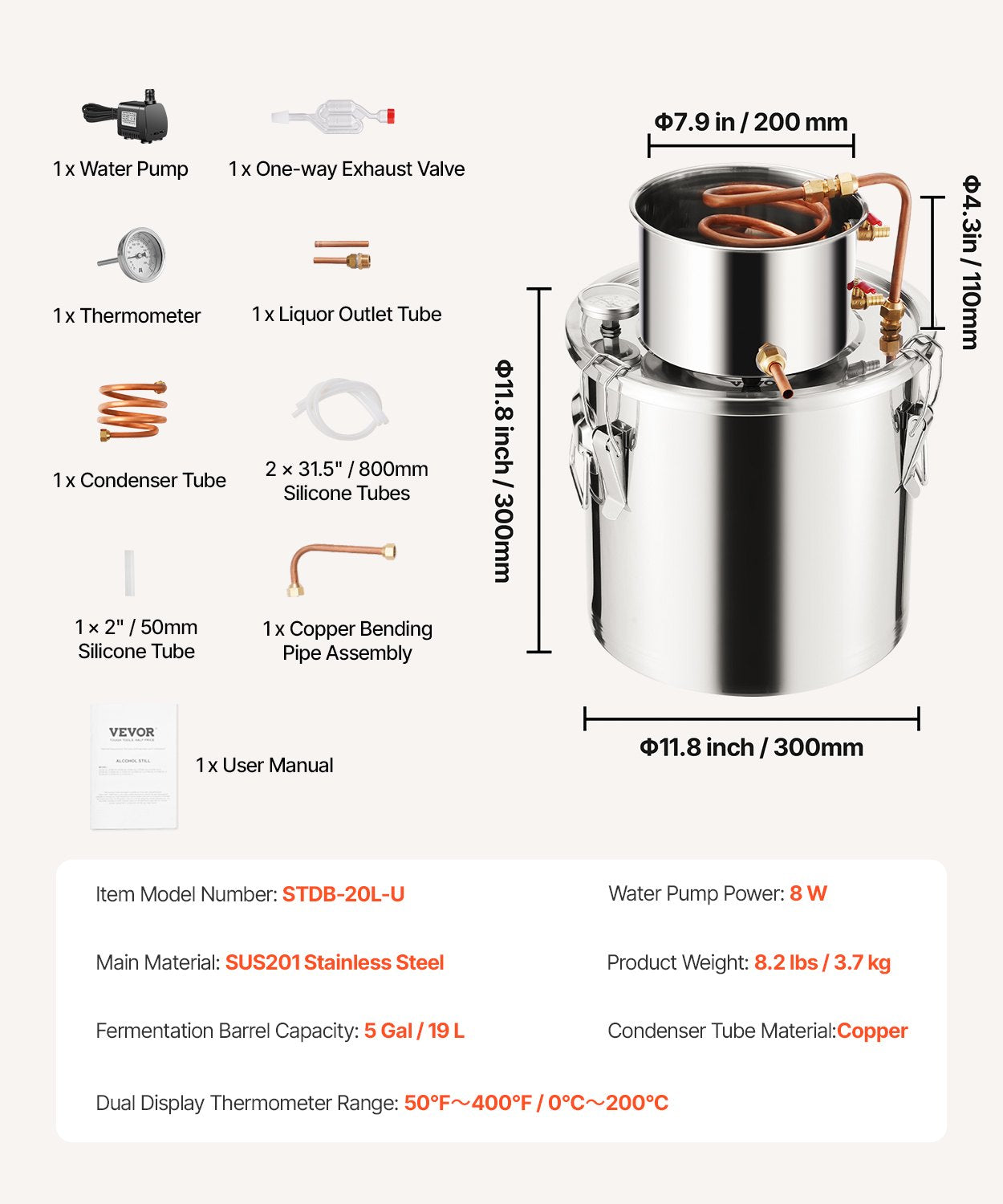 Alcohol Still, 5 Gal / 19 L Stainless Steel Water Alcohol Distiller with Copper Coil, Home Brewing Refining Fermentation Kit with Thermometer & Pump, for Wine Whisky Brandy, Silver