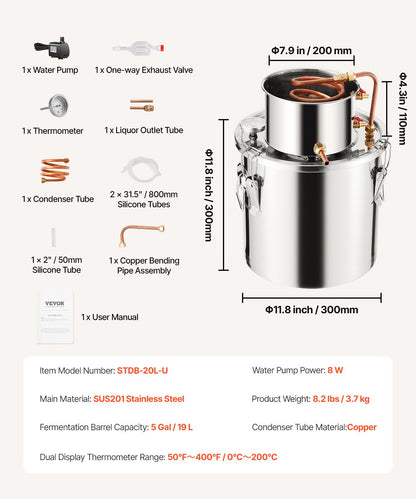 Alcohol Still, 5 Gal / 19 L Stainless Steel Water Alcohol Distiller with Copper Coil, Home Brewing Refining Fermentation Kit with Thermometer & Pump, for Wine Whisky Brandy, Silver
