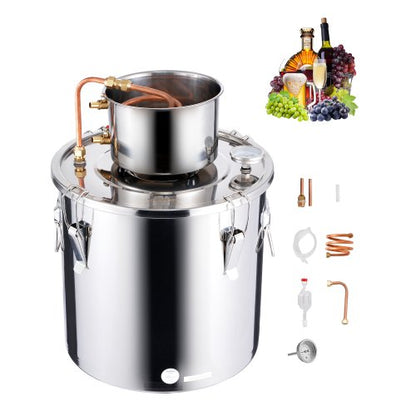 Alcohol Still, 8 Gal / 30 L Stainless Steel Water Alcohol Distiller with Copper Coil, Home Brewing Refining Fermentation Kit with Thermometer, for Wine Whisky Brandy, Silver