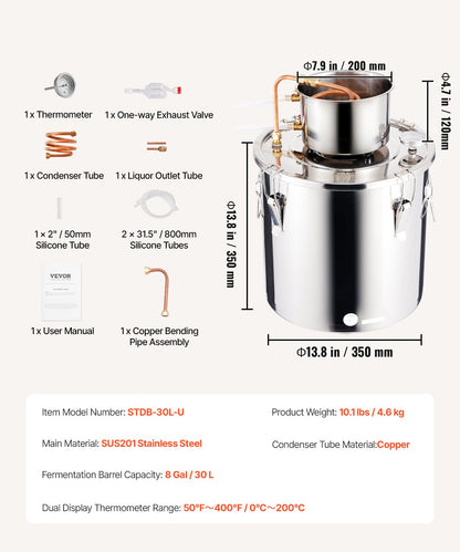 Alcohol Still, 8 Gal / 30 L Stainless Steel Water Alcohol Distiller with Copper Coil, Home Brewing Refining Fermentation Kit with Thermometer, for Wine Whisky Brandy, Silver