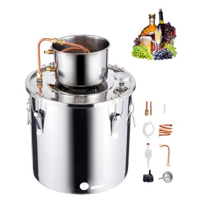 Alcohol Still, 8 Gal / 30 L Stainless Steel Water Alcohol Distiller with Copper Coil, Home Brewing Refining Fermentation Kit with Thermometer & Pump, for Wine Whisky Brandy, Silver
