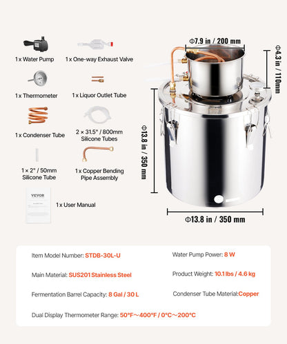 Alcohol Still, 8 Gal / 30 L Stainless Steel Water Alcohol Distiller with Copper Coil, Home Brewing Refining Fermentation Kit with Thermometer & Pump, for Wine Whisky Brandy, Silver