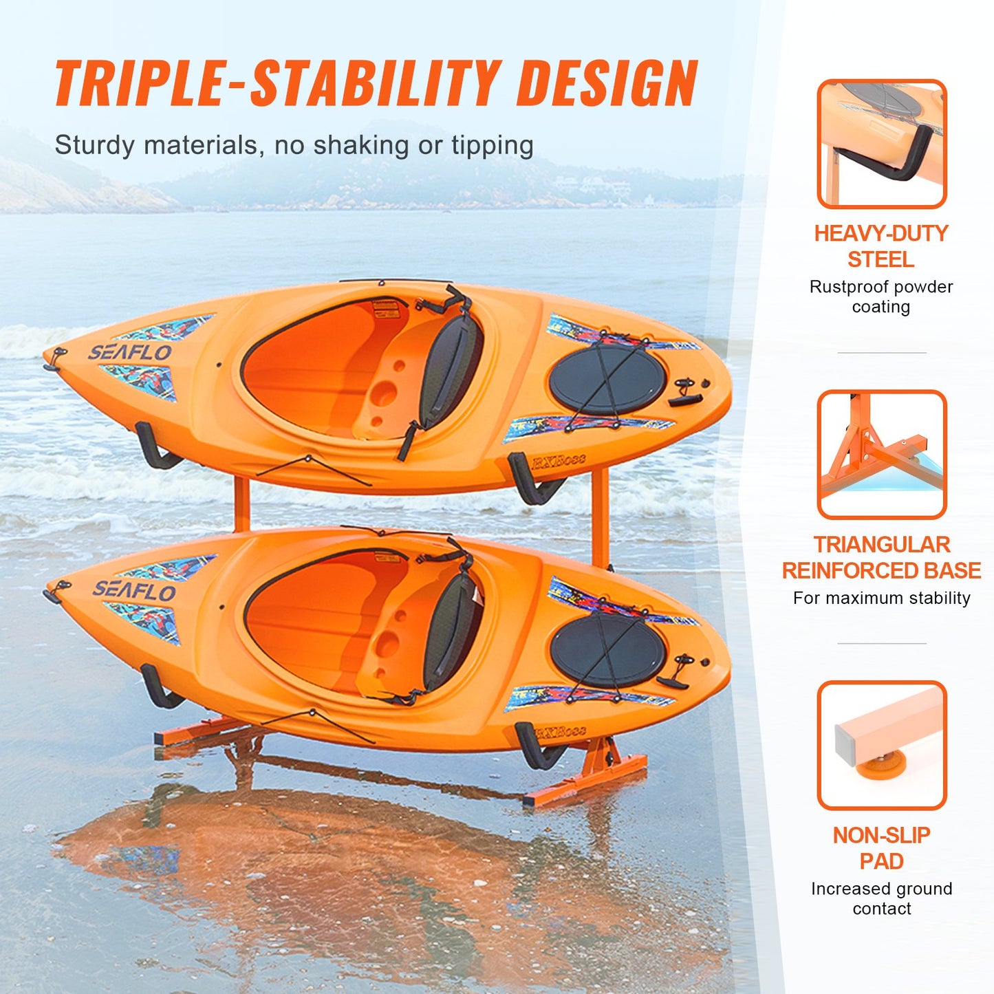 Fristående kajakställ, kajakställ för 2 kajaker och kanoter, kraftig kajakhängare i stål med vadderade armar och justerbar bredd, maxlast 175 kg, för inomhus- och utomhusgarage