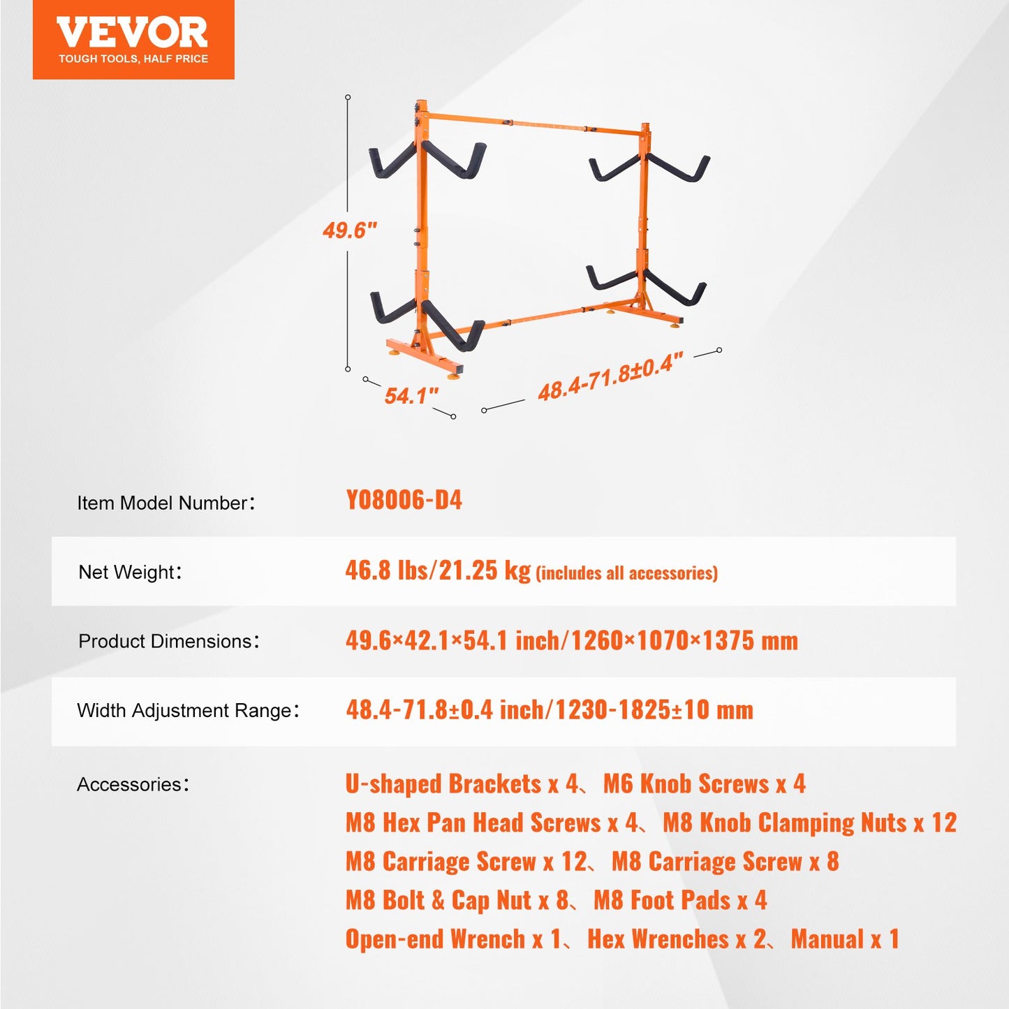 Freestanding Kayak Storage Rack, Kayak Stand for 4 Kayak Canoe Paddleboard, Heavy-duty Steel Kayak Hanger Holder with Padded Arms and Adjustable Width, 220LBS Max Load, for Indoor Outdoor Garage