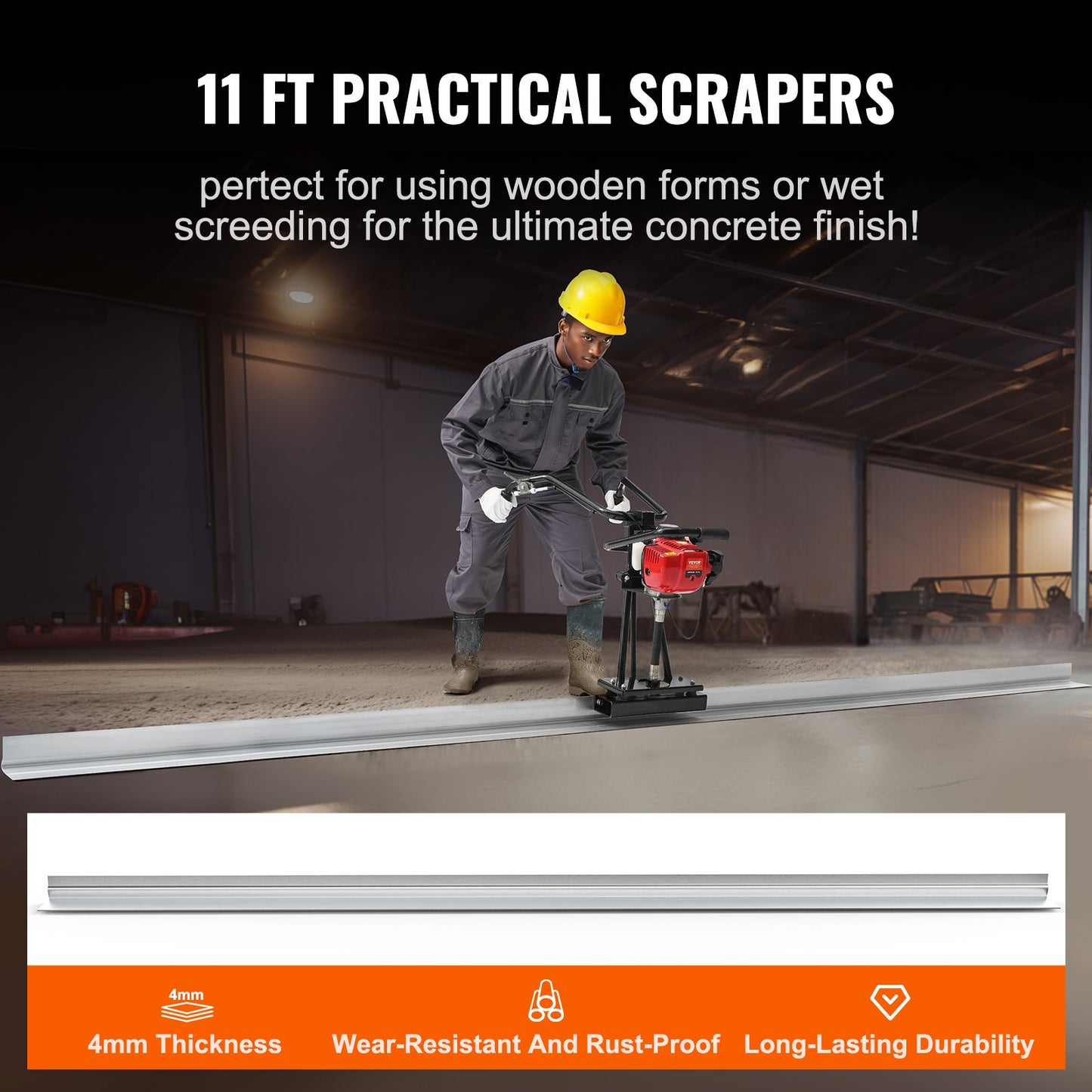 Gasdriven betongavjämare, med 3370 mm aluminiumskiva med rak kant, 4-takts vibrerande motor för cementbehandling med höjdjusterbara handtag, högeffektiva betongverktyg 6500 varv/min