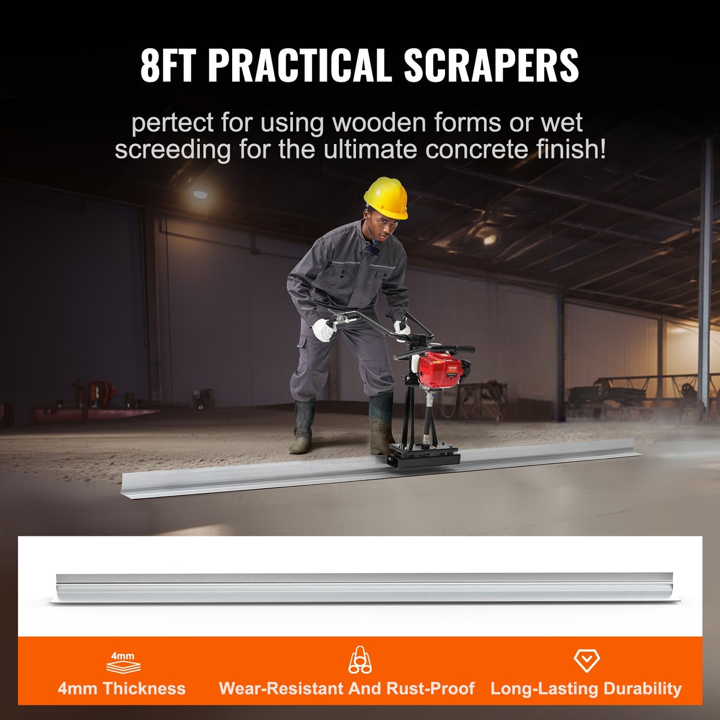 Gas Concrete Power Screed, with 2445mm Aluminum Board Straight Edge Bar Set, 4 Stroke Cement Finishing Vibrating Motor with Height Adjustable Handles, High Efficient Concrete Tools 6500RPM